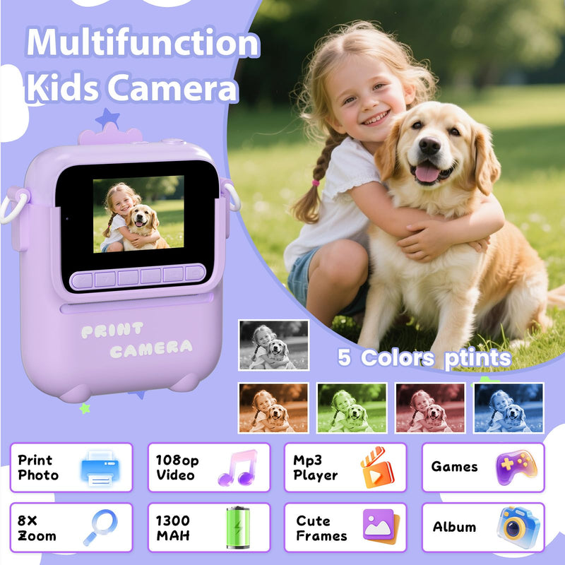 Kids Camera Instant Print, 3 4 5 6 7 8 9 10 11 Year Old Girl Birthday Gift | 1080P HD Video Digital Instant Camera for Kids with Silicone Cover & 5 Rolls of Printer Paper (Purple) Purple