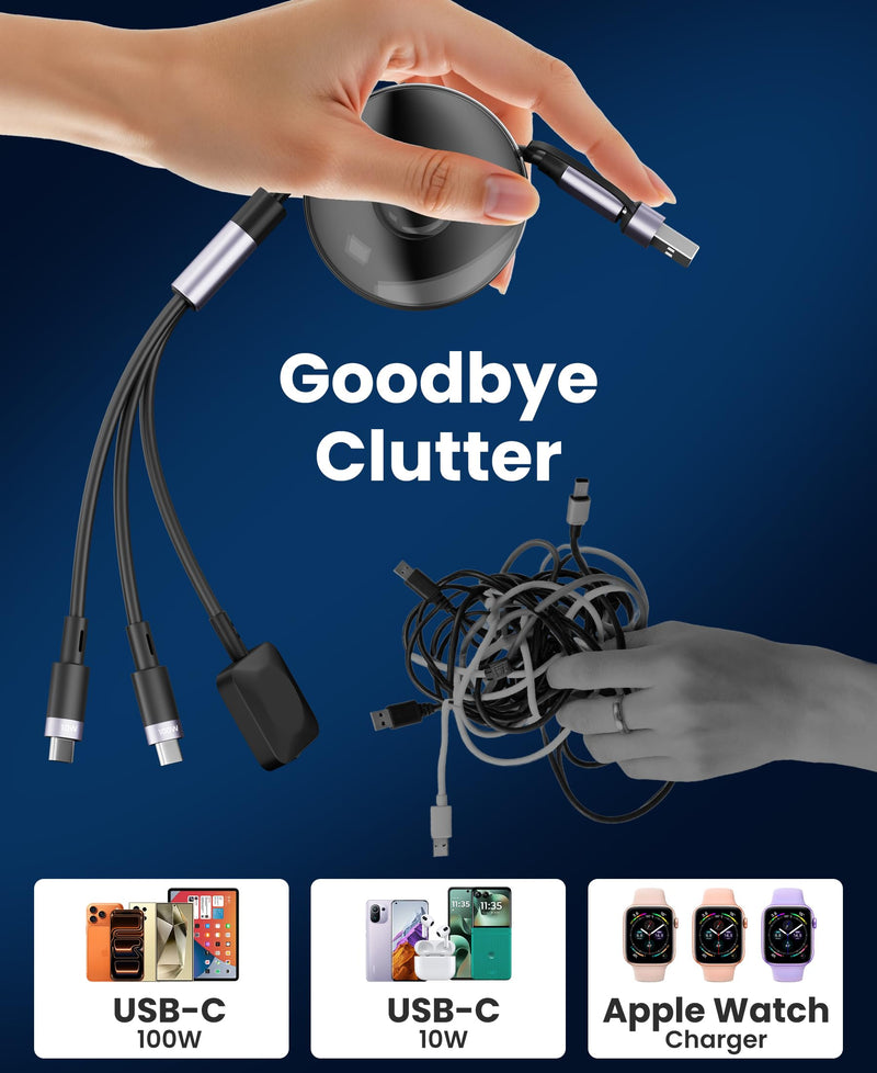 100W Retractable 2X USB-C Charging Cable with Apple Watch Charger - 3-in-1 Dual USB C (100W/10W) and iWatch Fast Charger, Portable Travel Multi Charge Cord for iPhone 15/16/17, iPad, Android, MacBook
