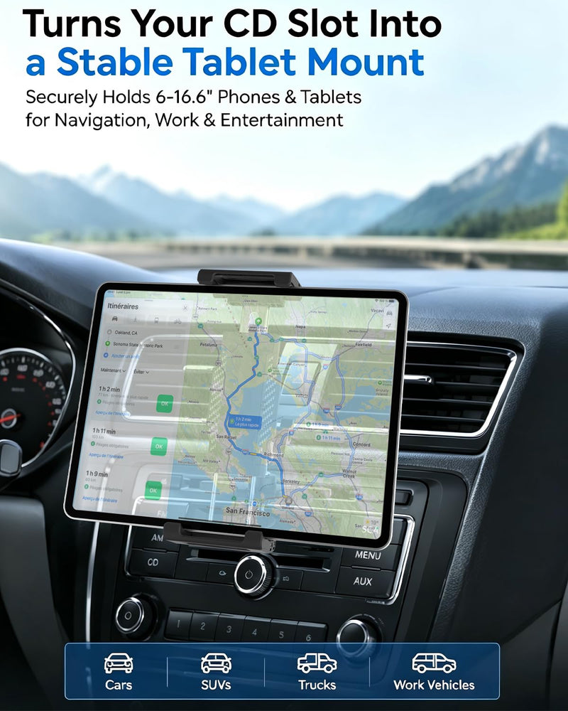 Metal Arm Car CD Tablet Holder, Sturdy CD Slot Car Tablet Mount | 360° Rotating Metal Arm, Thick Case Friendly, Anti-Slip Rubber Mat, Compatible with 6"-15.6" Large iPad Pro/Air/Mini & Phones