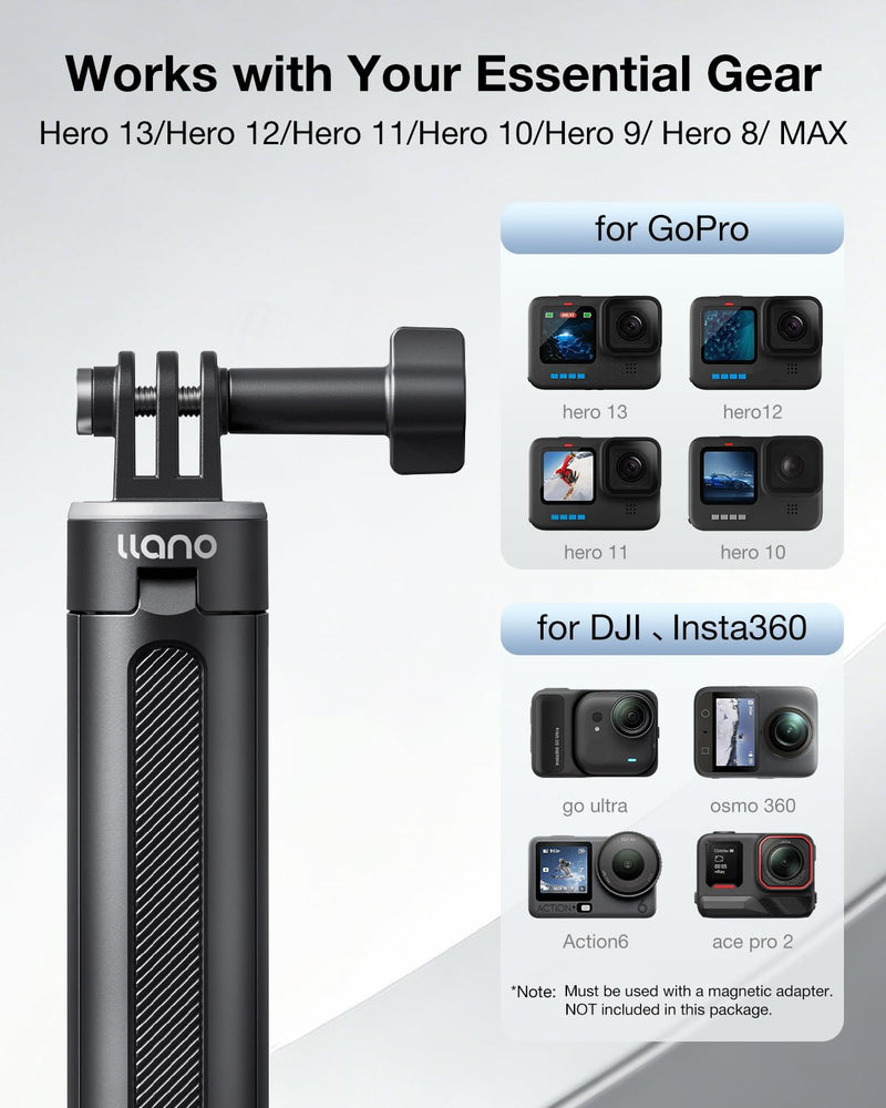 Llano 16" Action Camera Tripod for Gopro Hero 13/12/11/10/9/8, Max 2/1, Extendable Mini Tripod, Standard Mount for Gopro, Portable Handle Grip, Small Selfie Stick, Lightweight, Black For Gopro Hero 8-13,Max