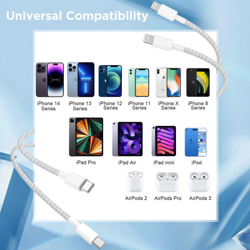 2Pack 20W New Braided USB C to Lightning Cable for iPhone14/13/12 Fast Charger Cord 6FT+10FT [Apple MFi Certified],iPhone Charger Fast Charging Apple Charging Cord for iPhone14 13 12 11 Pro Max White