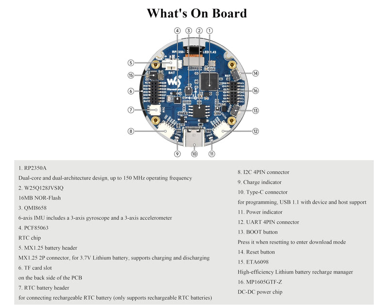 RP2350 1.43inch AMOLED Touch Display Development Board, 466x466, SPI Interface Round Display, Onboard Accelerometer and Gyroscope Sensor, USB, UART, I2C and GPIO, etc. with CNC Metal Case
