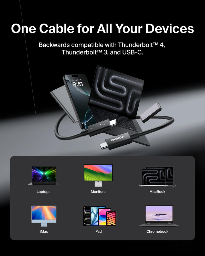 Belkin 3.3ft USB-C Thunderbolt 5 Cable w/ 240W Power Delivery, Bandwidth Boost Up to 120Gbps, 3x Faster Data Transfer, and 4K UHD Display Resolution - Intel-Certified Fast Charging USB-C Cable - Black