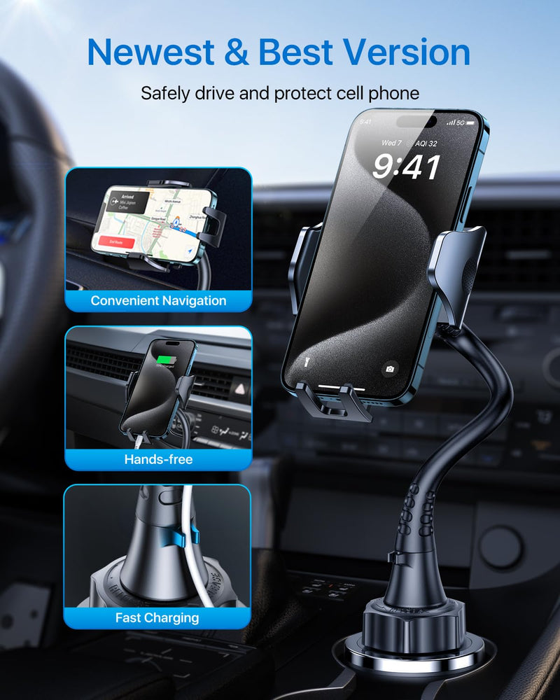 andobil Upgraded 15" Cup Holder Phone Holder, 【Solidest & Adjustable】 Military-Grade Long Gooseneck Cup Phone Holders for Your Car Truck, Car Phone Holder for iPhone 17 Pro Max 16 15 14/Samsung/Pixel Gooseneck-Black