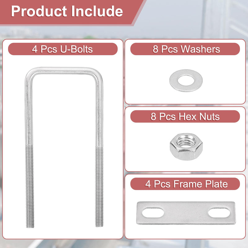uxcell 4Sets 304 Stainless Steel Square U-Bolts, 2.05" (52mm) Inner Width 5.12" (130mm) Length M8 with Nuts, Frame Plate, Gasket for Automobiles Trailer, Ski Boat, Fishing Boat, Pipelines 50x130mm(W*L) 4