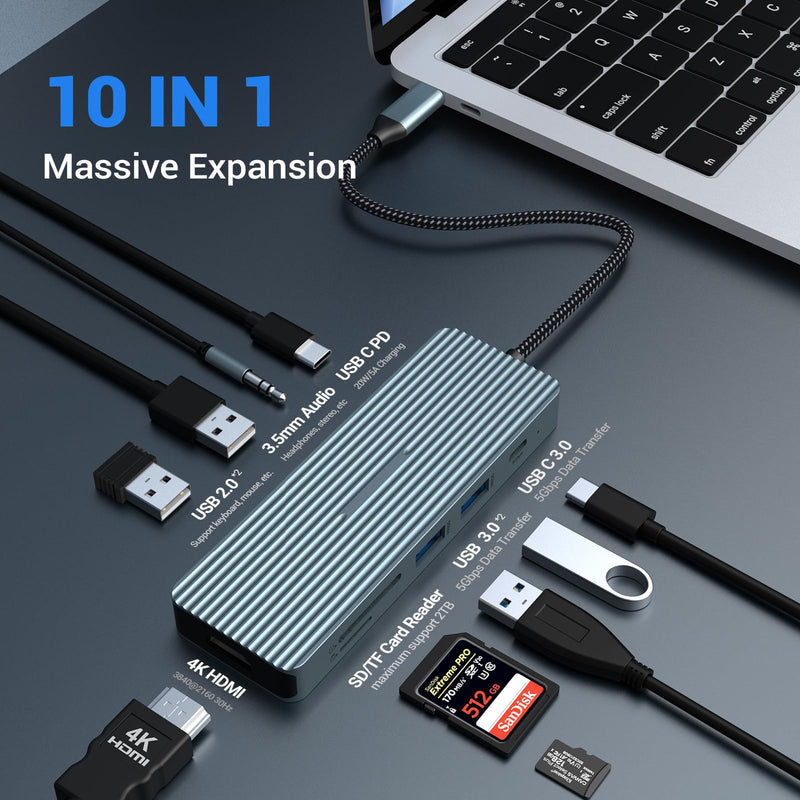 10 in 1 USB C Hub, Adapter with 4K HDMI, 2 x USB 3.0, USB-C 3.0 Data, 2 x USB 2.0, 100W PD, SD/TF, Audio Jack, Dock Compatible with Laptops, iPad
