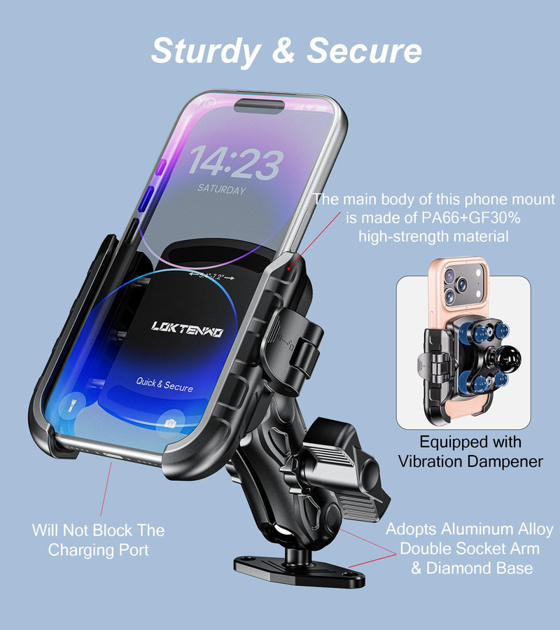 LOKTENWO Phone Mount Holder with Vibration Dampener, Quick Lock Shockproof | No Block Camera Phone Holder, Aluminum AMPS Diamond Base for Car UTV Truck Boat, Fits 5.4"-7.2" Phones