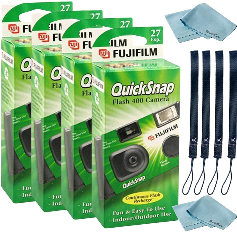 Fujifilm QuickSnap Flash 400 Disposable 35mm Camera • 4 Pack • 4 Hand Straps • 2 BluebirdSales Microfiber Cloth, Green, 7033661