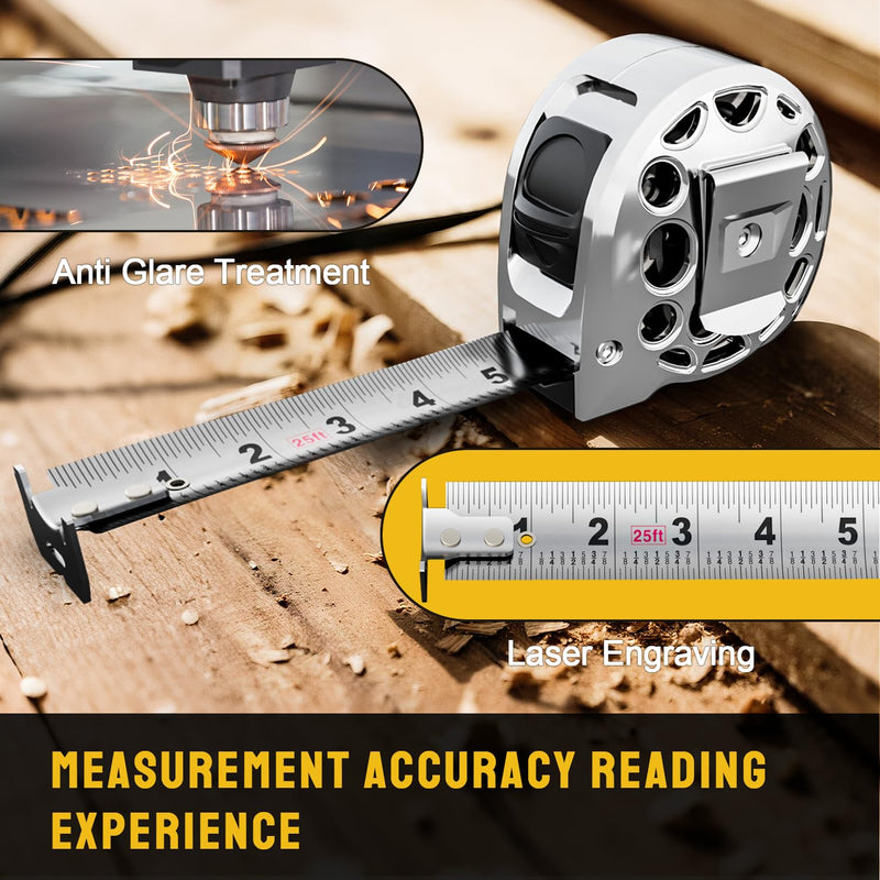 STEELITE Tape Measure 25'FT Stainless Steel Waterproof & Rustproof Retractable Measuring Tape with Hollow Design Bright Silver