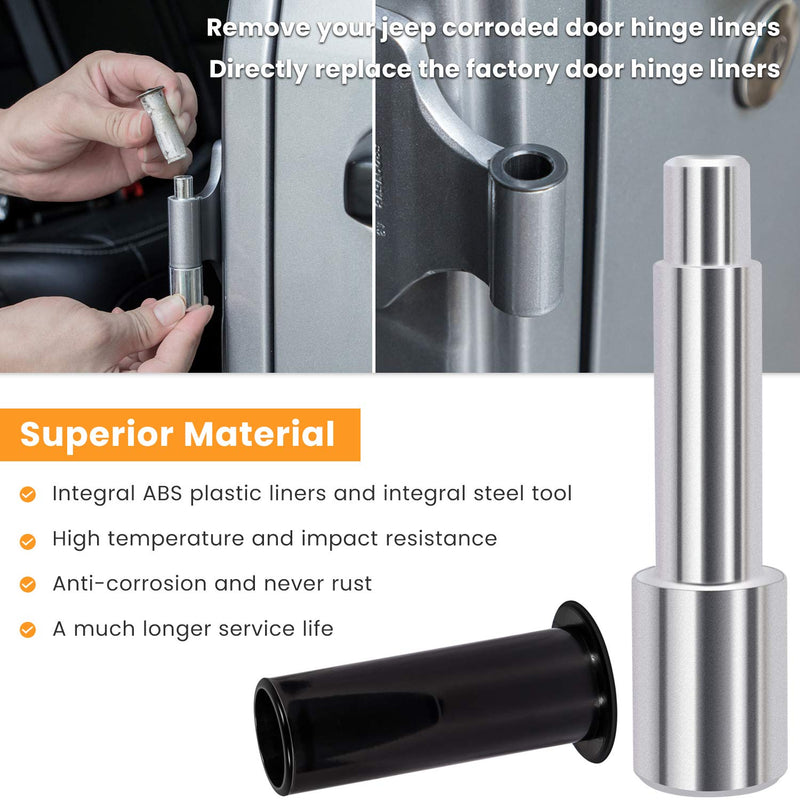 Door Pin Guides & Door Bushing Removal Tool For Jeep Wrangler JK JKU JL JLU Sports Sahara Freedom Rubicon Unlimited Gladiator JT 2/4-Door 2007-2024 Stainless Steel Hinge Bolts Guides Liners (17 PCS)