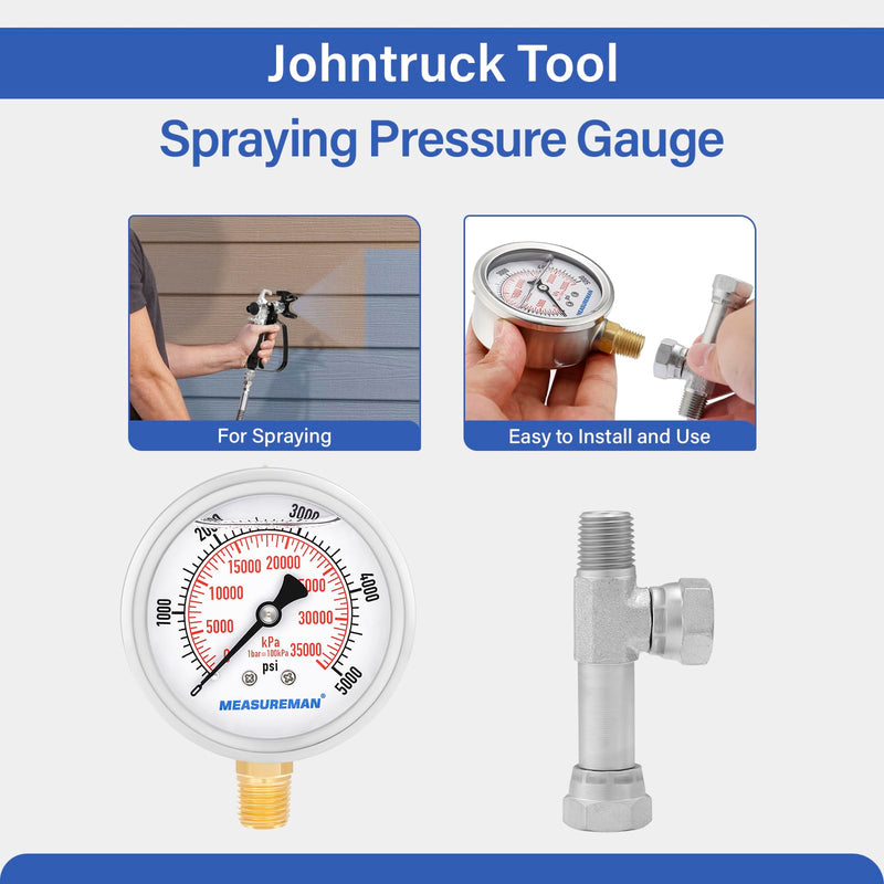 MEASUREMAN Spraying Pressure Gauge Assembly High Pressure Fluid Gauge 1/4" NPT Threads with T Fitting, 0-5000 PSI, Glycerin Filled