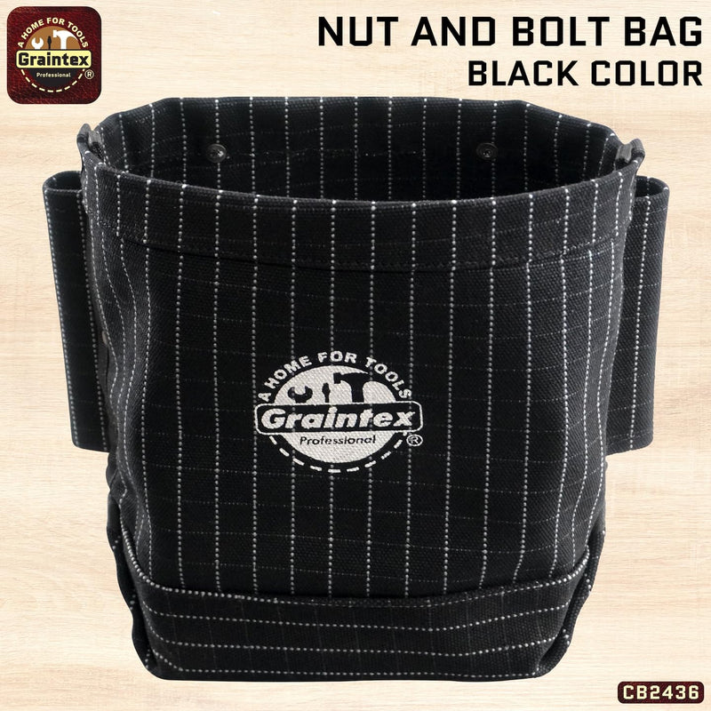 Graintex Nut & Bolt Bag, Heavy Duty Canvas Tool Bag, Tool Belt, Bull Pein Loops, Tradesman, Ironworker, Ideal Bolt Bags for Construction Professionals, Multipurpose Use, DIYers Black