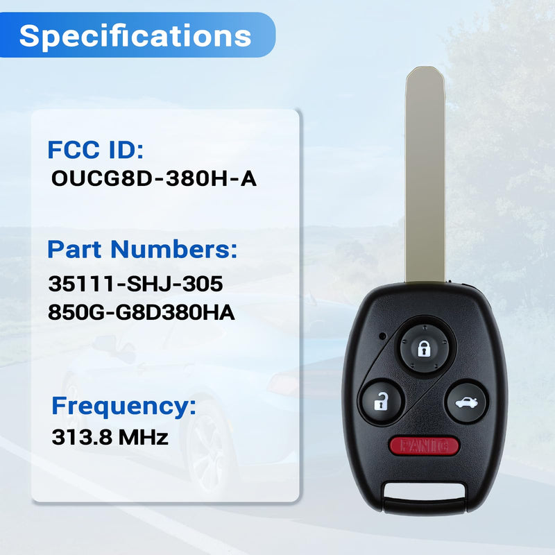 Key Fob Fits for Honda Accord 2003 2004 2005 2006 2007 OUCG8D-380H-A, 2Pcs | Car Keyless Entry Remote Control