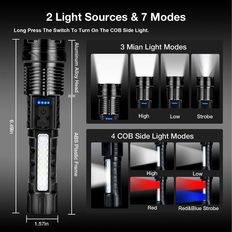 Rechargeable Flashlight 980,000L High Lumens 2 Pack, Led Tactical Flash Light, Super Bright Flashlights with 7 Modes, USB C Charging, Cob Side Light, IPX6 Waterproof, for Camping Emergency 2pc-L