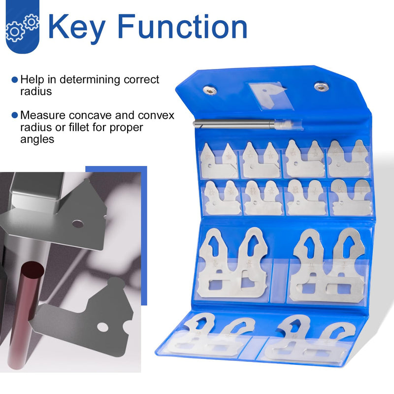 25-Piece Radius Gage Set 1/64''-1/2'' Gauges with Holder, 3602-5021 Radius Gauge Set 25