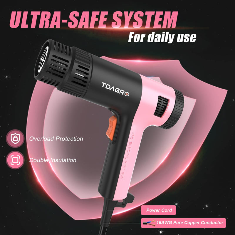 Heat Gun for crafting 1800W, 122℉~1202℉ Variable Temperature Control with 2-Temp Settings 4 Nozzles, 1.5s Fast Heating Mini Heat Gun for Resin, Shrink PVC Tubing/Crafts and Vinyl Wrap（Pink） 1800w Pink