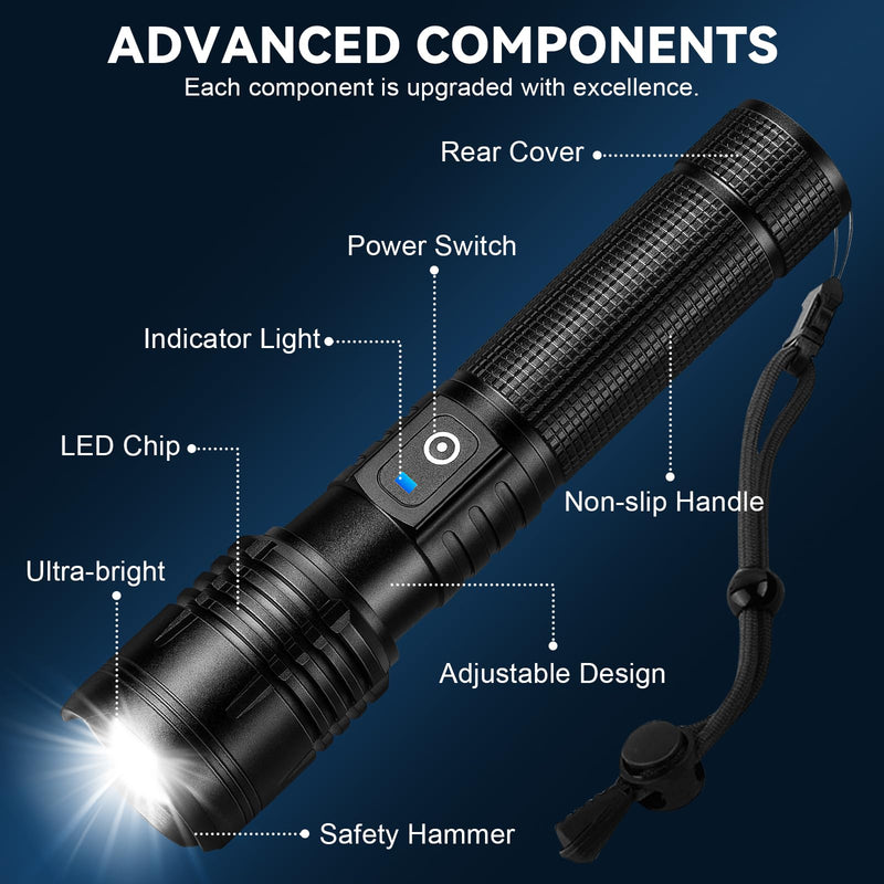 Flashlight Rechargeable LED High Lumens, 99,000 Lumens Super Bright Flash Lights with 5 Modes, Adjustable，Waterproof Powerful Linterna for Home, Camping(2 Pack)