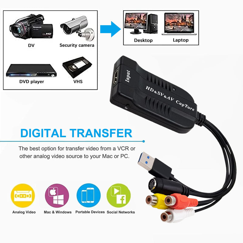 Wiistar USB Video Capture Card HDMI/AV/RCA/S-Video to USB2.0 Audio Video Capture Device 1080P30fsp Hi8, VCR, VHS to Digital Converter for Camcorder DVD PS4 Live Streaming Compatible with Mac Windows