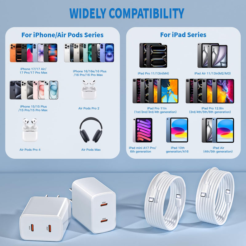 45W Apple 17 16 15 Fast USB C Charge Block, 2-Pack Apple Charger Plug & 10FT Long USB C Cable Cords,iPhone 17 Charger Fast Charging,Compatible with iPhone 17/16/15/Air/Pro/Pro Max/e/Plus/iPad/AirPods
