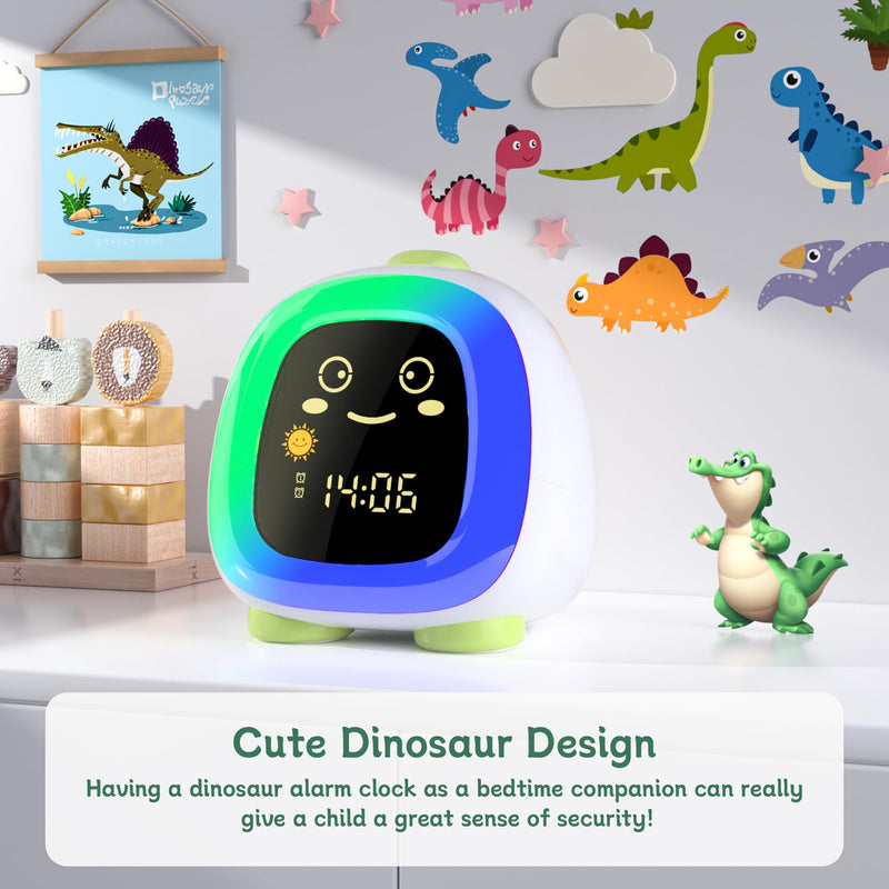 Alarm Clock for Kids, Kids Alarm Clock Ok to Wake Cute Night Light for Bedroom, Toddlers Sleep Training Clock Stay in Bed, Dinosaur Birthday Gift for Kids Boys Girls Forest Green