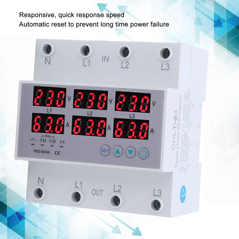 Digital 3 Phase DIN Rail Voltmeter Ammeter, AC230-300V Electricity Usage Monitor, Watt Kwh Frequency Power Factor Meter Multimeter Current Power Tester (63A)