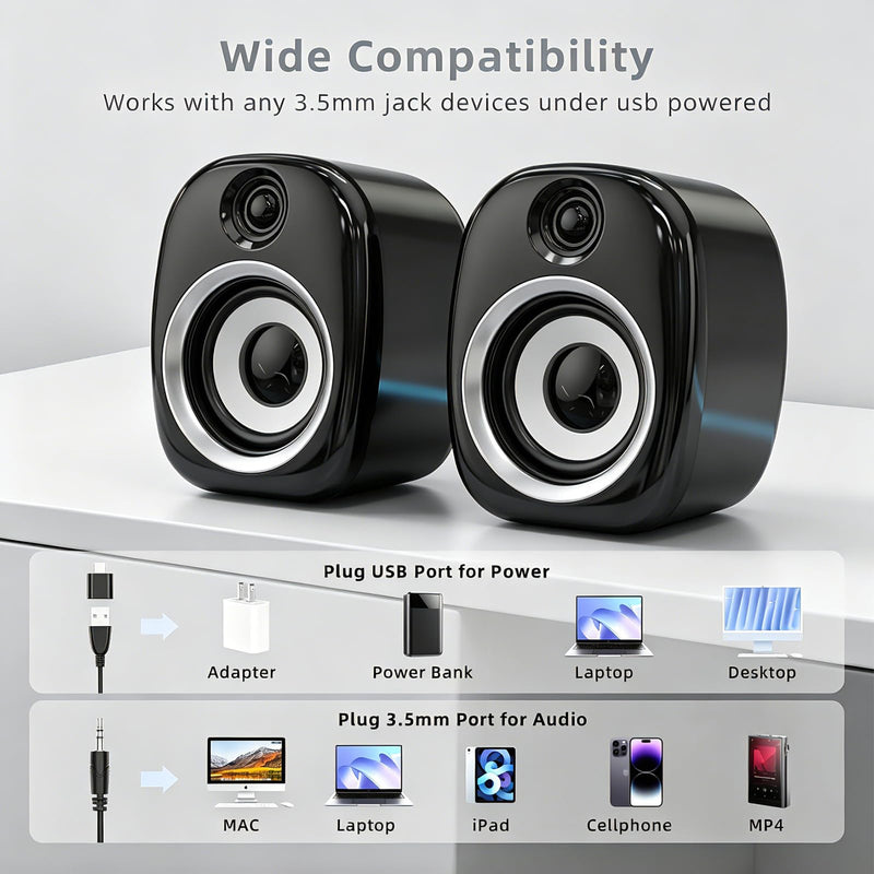 Uakinat Basic Desktop Computer with Computer 2.0 Speakers, 2 × 3W, Plug-and-Play, USB Powered with a 3.5mm aux.