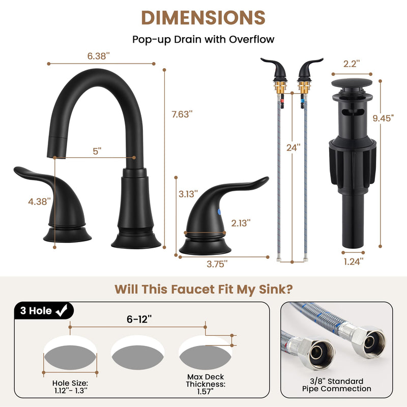 Matte Black Widespread Bathroom Faucet 3 Hole, 8 Inch Adjustable Bathroom Sink Faucet with Pop-Up Drain & Supply Lines, Dual Handle 360° Swivel Spout, Modern Design 1 Pack Matte Black