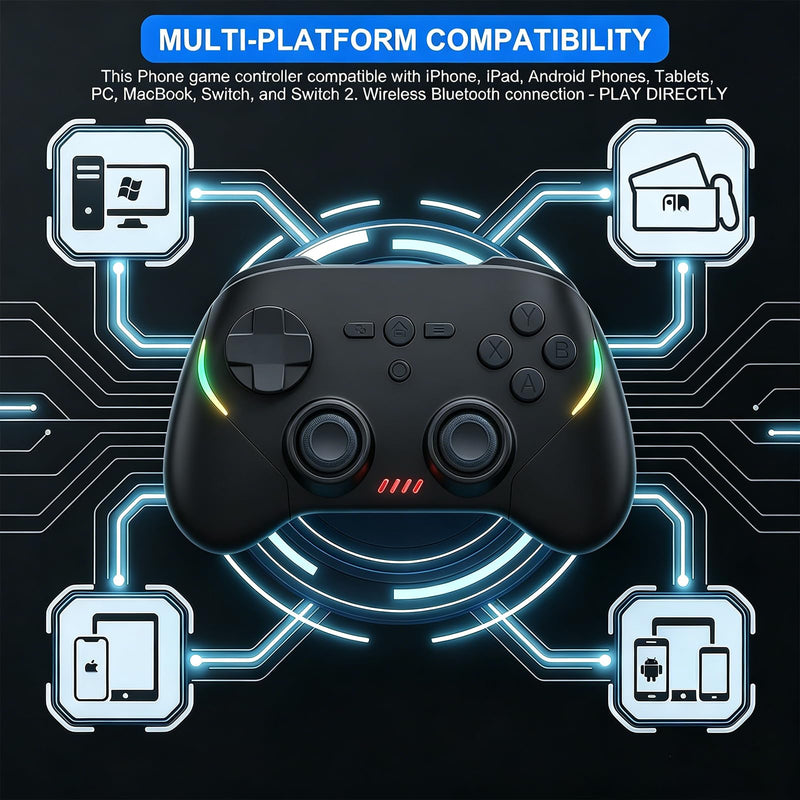 Wireless Gaming Controller for Android/iPhone/iPad/iOS/Tablet/Windows PC/Switch 2, Bluetooth Mobile Phone Gamepad with Hall Joysticks/Hall Triggers/RGB Lights/Vibration/Six-Axis Gyro/Xbox Cloud Game Black