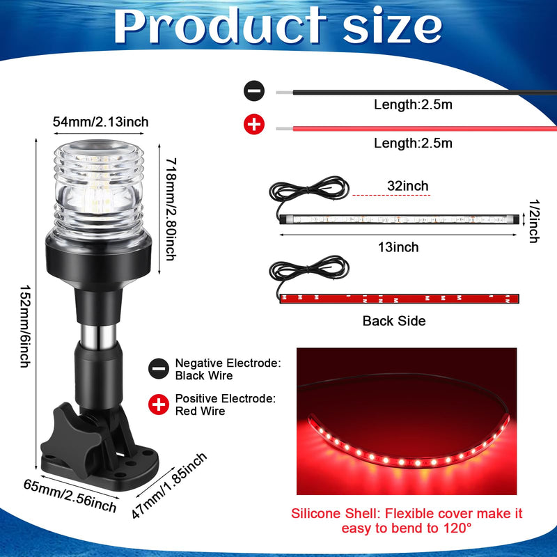 Rossesay Boat Stern Light Set White LED Marine Anchor Light with Base, 2 Pcs Red and Green Navigation Lights LED Anchor 3nm 360° Fold Down Stern Lights for Pontoon, Fishing, Bass 12-24v(6 Inch) 6 Inch