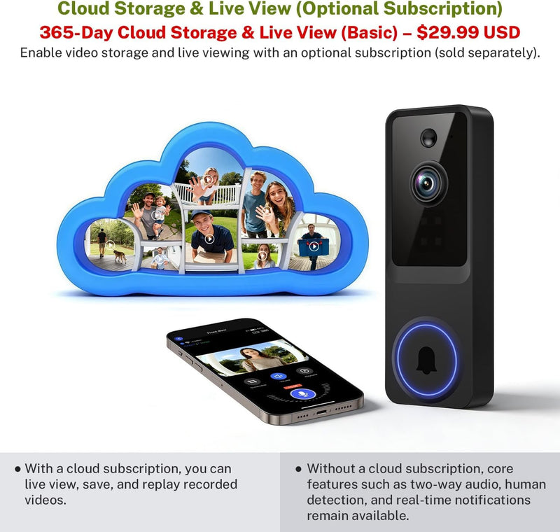 Doorbell Camera Wireless, 1080P Video Doorbell Camera Battery Powered | Security Camera with AI Human Detection, 2-Way Audio, Night Vision, Cloud Storage, 2.4GHz WiFi, Front Door Camera for Home
