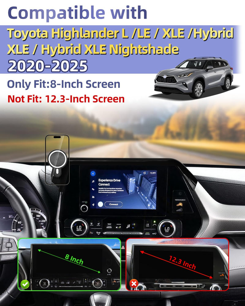 Car Phone Mount for 2020-2026 Toyota Highlander Accessories 8-Inch Screen | L/LE/XSE/Hybrid XLE Magnetic 15W Fast Wireless Charger Phone Holder with Magsafe 360° Rotation Hands-Free (Not Fit 12.3'') Highlander 2020-2026 (8 inch) Magsafe+ Wireless Charger