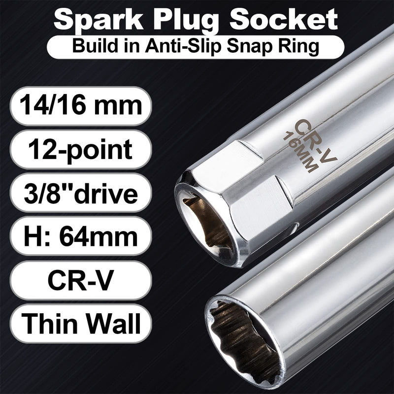 Spurtar 14mm 16mm Spark Plug Socket Set Thin Wall 12-Point 3/8-Inch Drive Spark Plug Tool Set for Auto, Fits BMW Peugeot Benz Nissan Cars Motorcycle SUV ATV with Spring Clips 2pcs CRV Steel Tool 14mm & 16mm