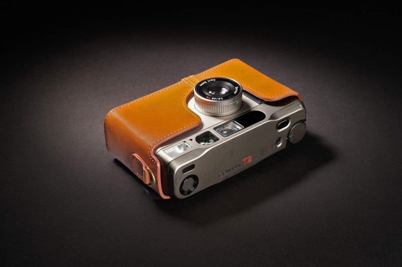 Contax T2 Case, BolinUS Handmade Genuine Real Leather Half Camera Case Bag Cover for Contax T2 Camera With Hand Strap (Yellow) Yellow