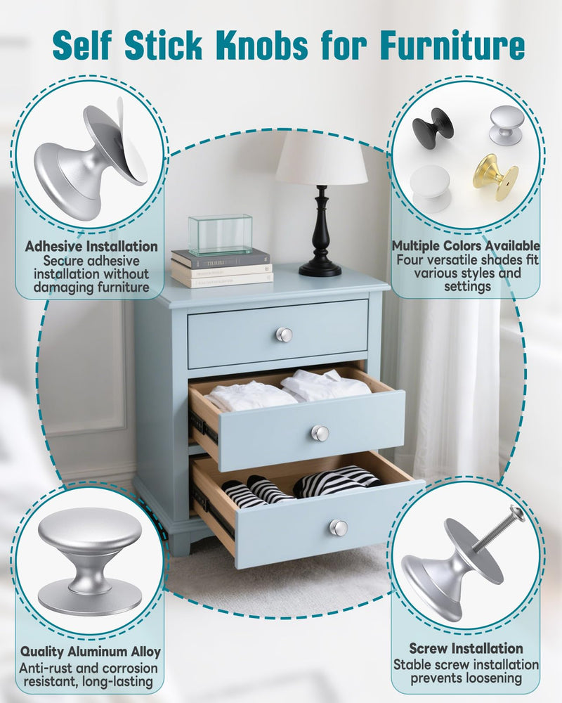 Self-Stick Cabinet Knobs, Aluminum Alloy Self-Adhesive & Drill-Mount Drawer Pulls for Kitchen Cabinets, Cupboards, Dressers, Closets, Sliding Glass Doors - Screws/Stick Install (8, Silver) 8
