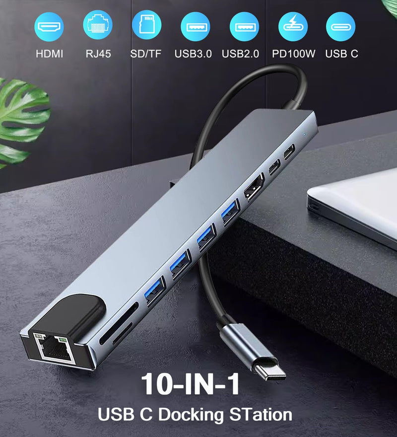 USB C Hub Ethernet HDMI Adapter, 10 in 1 Laptop Docking Station with 4K HDMI, RJ45 Ethernet, SD/TF Card Reader, USB 3.0/2.0, PD 100W, LAN USB-C Dongle for MacBook Pro/Air, iPad Pro, XPS, etc