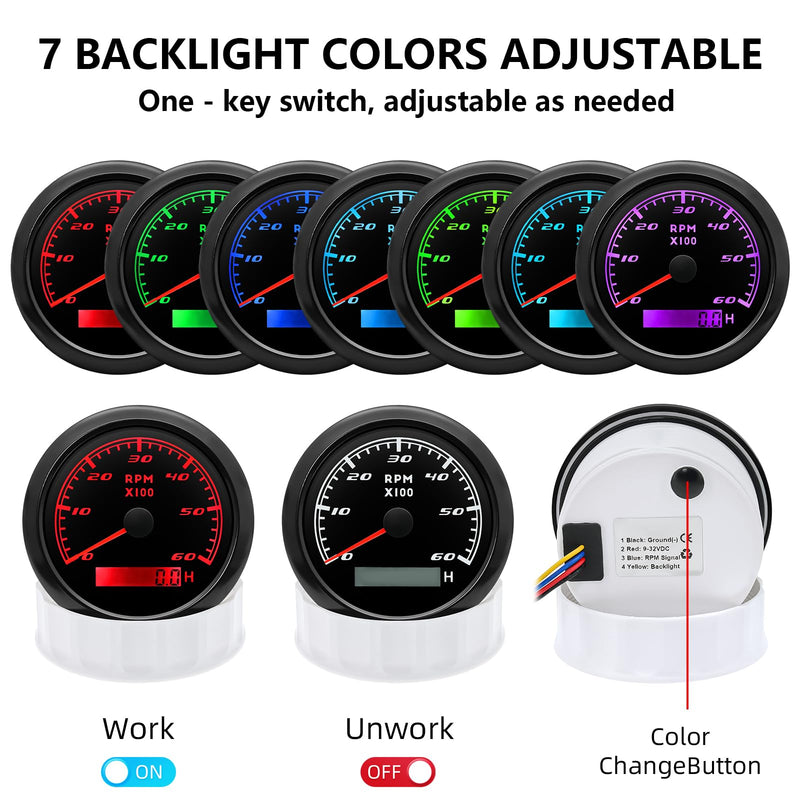 Tachometer Gauge 7 Color 0-6000 RPM Tacho Meter 85mm 3 3/8" for Auto Boat Marine Vehicle for 1-10 Cylinder Diesel and Gasoline Engine（Black） Black 6000RPM