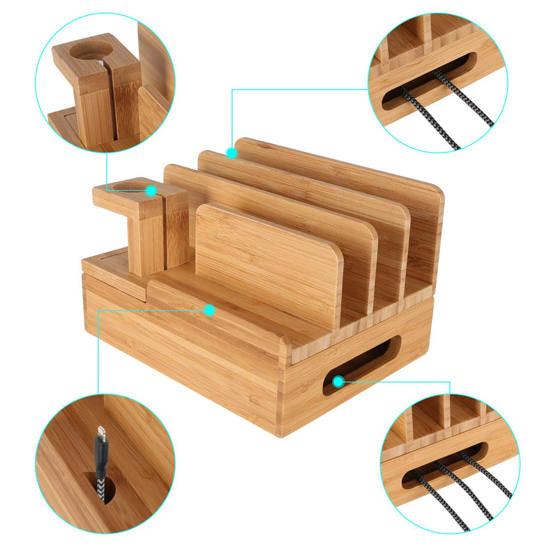Bamboo Wood Multi-Device Desktop Charging Dock Station Charger Holder Cradle Charge Stand Compatible iPhone 16 15 14 13 Pro Max iPad Mini Pro Air Apple Watch Ulrta 10 9 8 7 6 5 4 3 2 iWatch Smartphone Medium