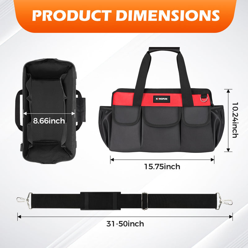 Kingfun 16 Inch Heavy Duty Tool Bag with 14 Pockets, Wide Mouth Tool Bag Organizer with Adjustable Shoulder Strap & Padded Handle, Durable Tool Storage Bag for Electricians, Mechanics & More (Red) Red