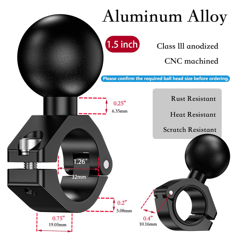 Aluminum Alloy 1.5'' Ball Mount Fit for Round Rails 0.875'' / 1'' / 1.125'' / 1.26'' in Diameter, Adjustable Handlebar Base Compatible with RAM Mounts C Size 1.5 Inches Ball Double Socket Arm