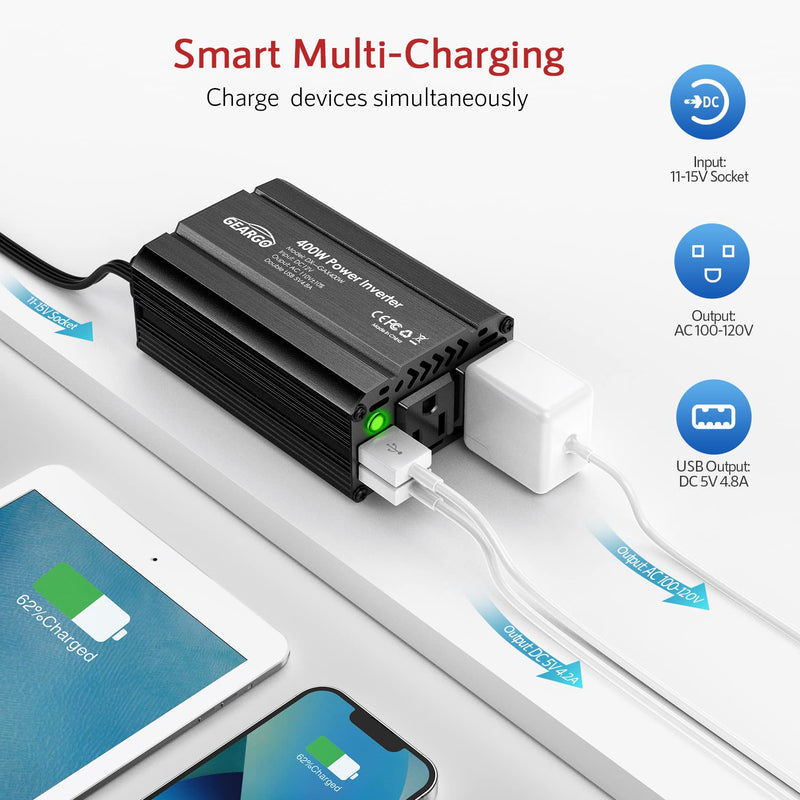 400W Power Inverter DC 12V to 110V AC Car Charger Converter with 4.8A Dual USB Ports and 2 AC Outlets Car Adapter (Black) 400W Black