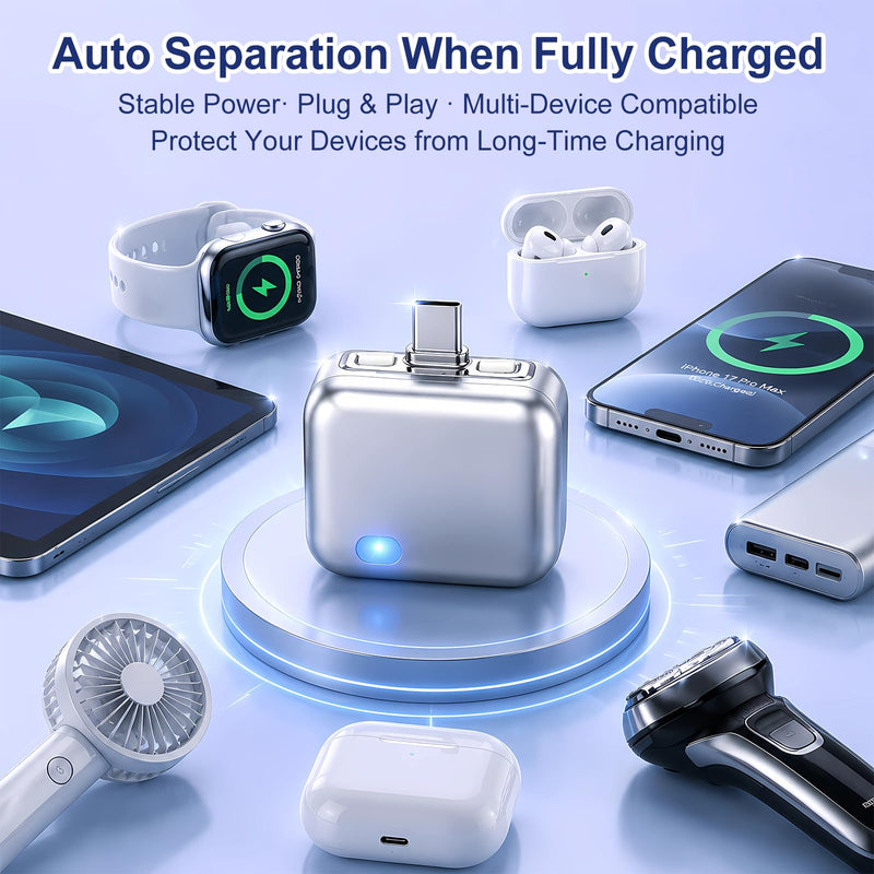 Full Charge Separator, Auto-Pop USB-C Charging Disconnect Adapter, Prevents Overcharging & Battery Overheating, Compatible with Phones, Earbuds, Tablets & Low-Power Devices, Supports Fast Charging Silver