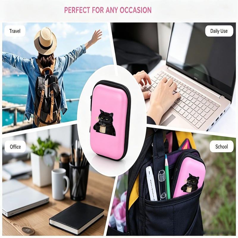 Grumpy Black Cat with Coffee Cup Print Hard Shell Electronics Organizer, Shockproof Carrying Case for Cables, Earphones, Chargers, Ideal Gift for Travel & Daily Use，4.33 * 3.14 * 1.57 inch/SNB02-026 Pink-026