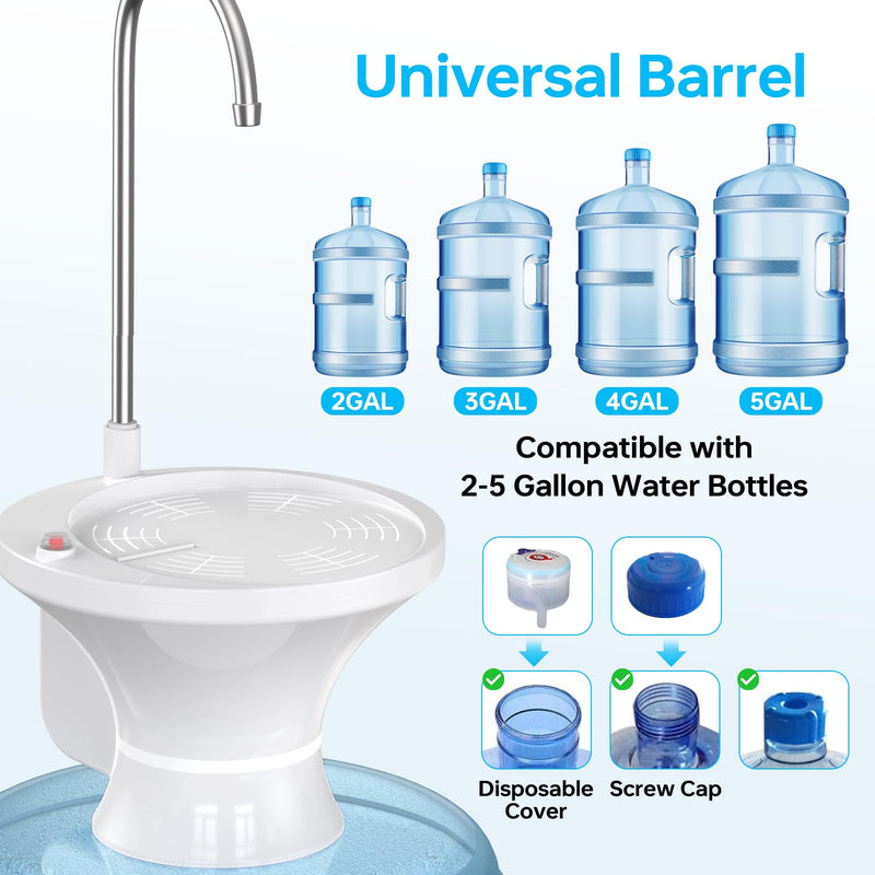 Water Dispenser for 5 Gallon Bottle, Electric Drinking Water Bottle Pump for 2-5 Gallon Jugs, USB Rechargeable Water Pump with 2 Switch Control for Home, Office, Camping White
