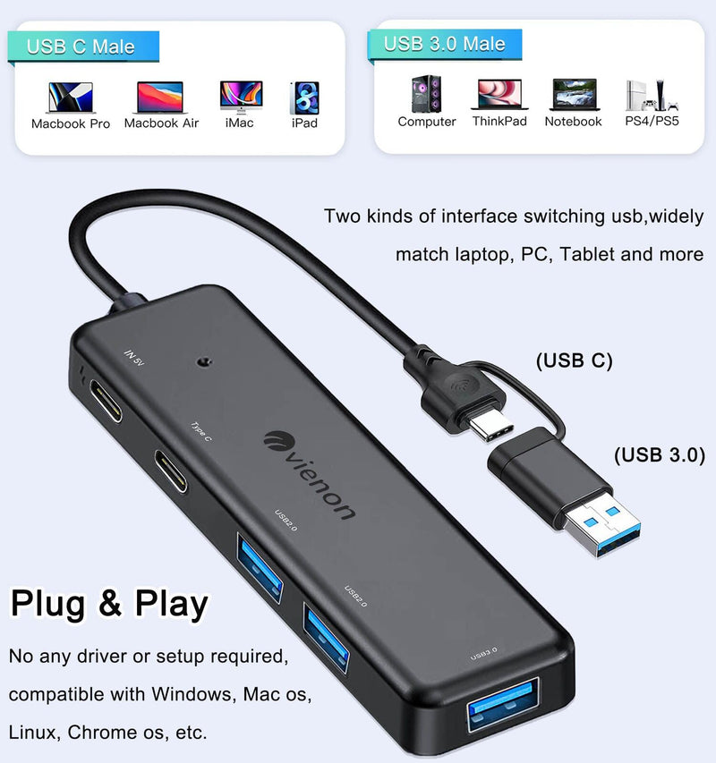 VIENON USB 3.0 Hub (5 in 1), USB C Hub, USB C to USB 3.0 Hub Adapter with USB C Power/Data Ports, USB Extender USB A&C Docking Station for Laptop PC MacBook Dell, HP, PS4/5, SSD and More