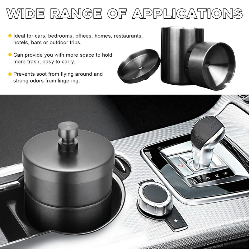 Car Ashtray with Lid, Stainless Steel Smokeless Smell Proof Auto Ash Tray, Detachable Mini Portable Cup Holder Cigarette Ashtray for Vehicle Office Home, Car Accessories (Black) Black