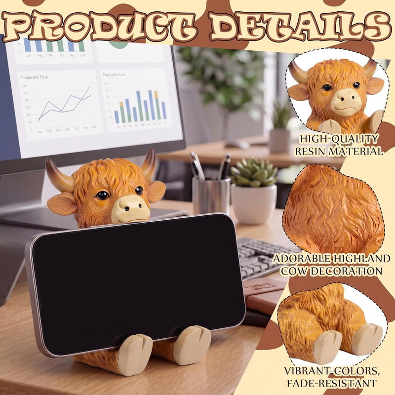 Highland Cow Phone Stand for Desk, Resin Cow Figurines Phone Holder | Cute Animal Desktop Statues, Western Cow Desk Accessories with Stable Base for Home Office Table Decor Friends Gifts Brown