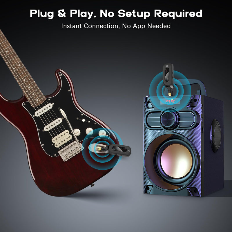 5.8GHz Wireless Guitar Audio System - Rechargeable Transmitter and Receiver with 4 Channels, Low Latency and Over 164ft Long Range Transmission, Compatible Guitar Bass Electric Instruments