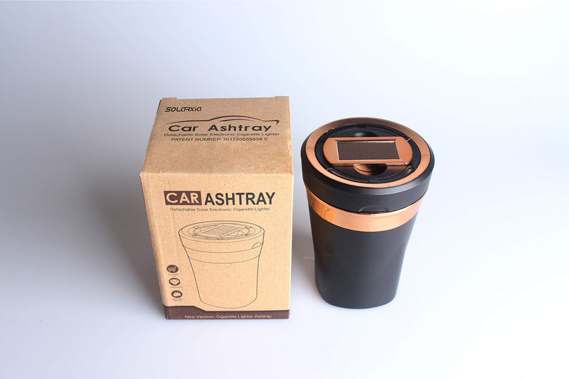 Car Ashtray, Auto Ashtray Cigar Electronic Cigarette Lighter Detachable Solar Powered/USB Rechargeable with Lid Blue LED Light for Most Car Cup Holder Home Office (Black) Black
