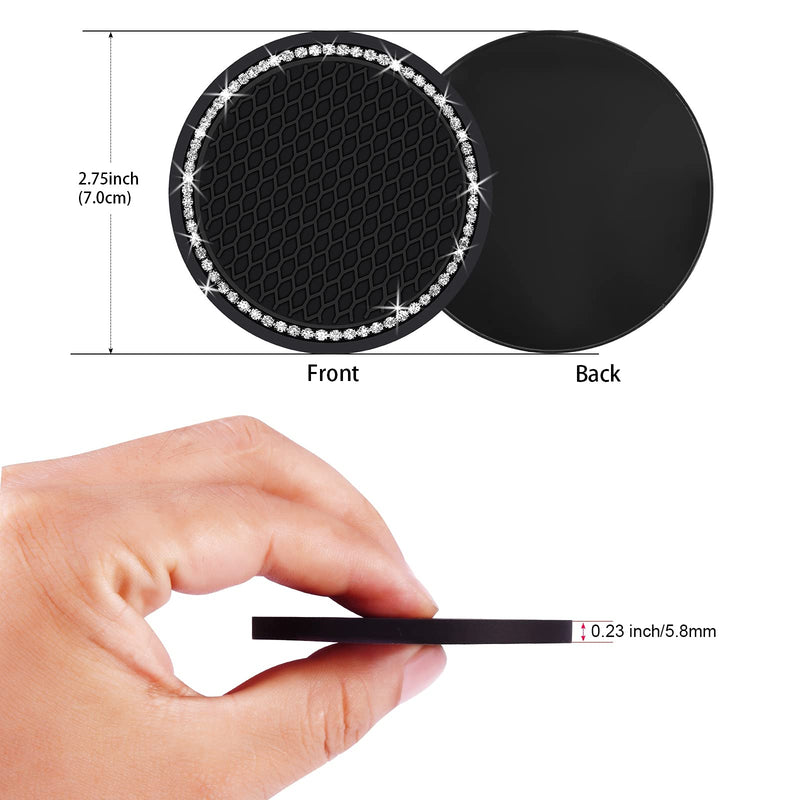 2PCS Bling Car Cup Coaster, 2.75 Inch Auto Cup Holder Insert Coasters Silicone Anti-Slip Crystal Rhinestone Drink Mat, Universal Vehicle Interior Accessories for Women Girls (Black) Black 2pack