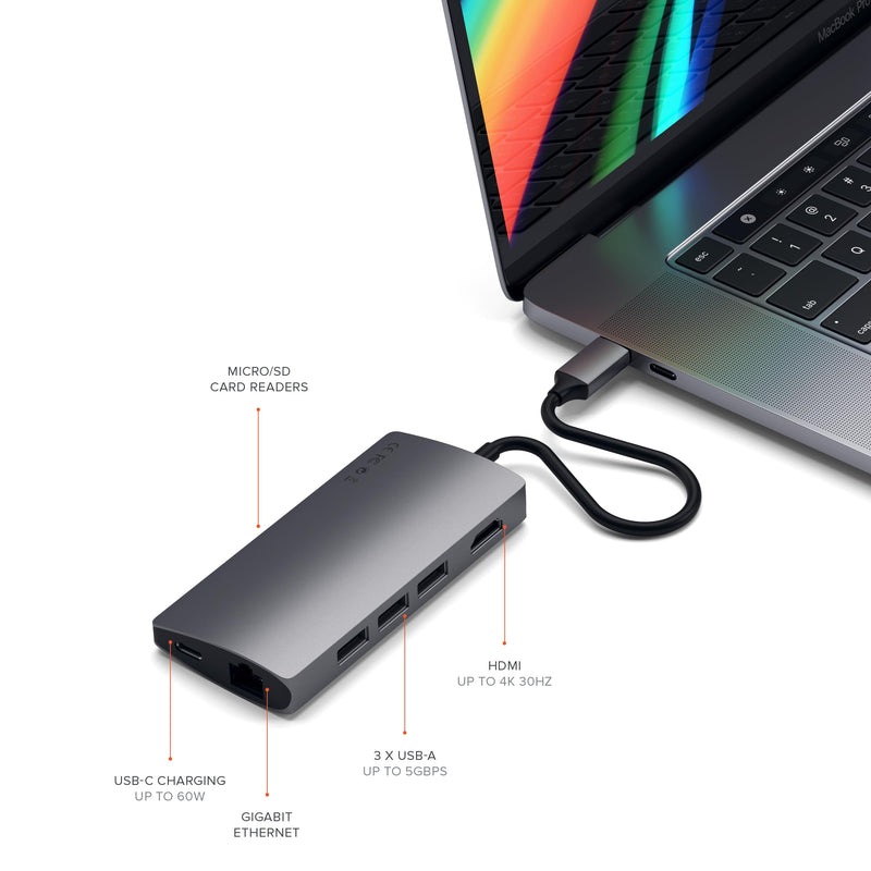Satechi 8 in 1 USB C Hub Multiport Adapter V2, 4K HDMI, 115W USB C PD Charging, 3 USB-A, Ethernet, Micro/SD Card Readers, for Laptop, MacBook Air/Pro M4, iPad, Windows - Space Gray